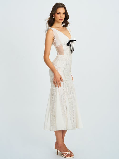 Miss Circle Paola Peter Pan Collar Beaded Sequin Mermaid Midi Dress In White