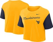 Nike Women's Nike Gold/Navy West Virginia Mountaineers Color-Block Script Performance Cropped T-Shirt