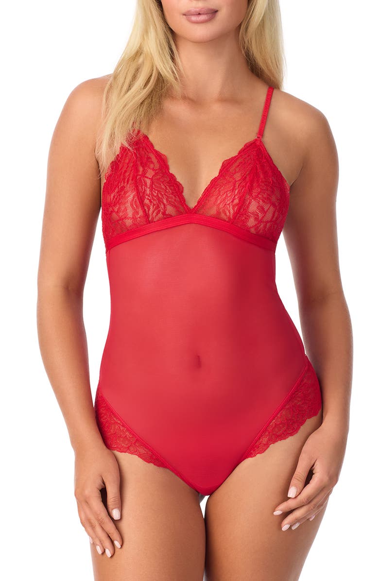 On Gossamer Luxe Lace & Mesh Bodysuit, Main, color, Crimson Berry