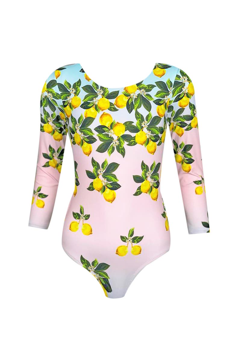 Multicolor Lemon Print Long Sleeve One-Piece Rashguard Swimsuit, Little Kid-Big Kid, Main, color, Multicolor