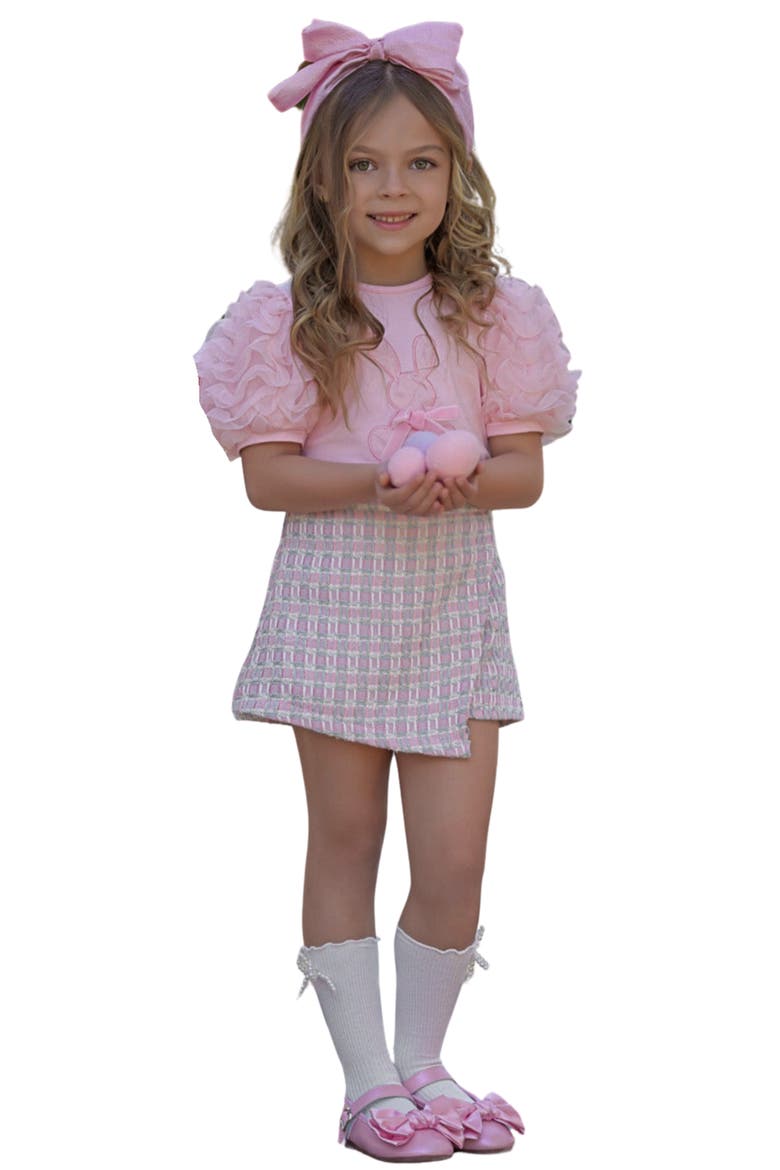 Girls  Bunny Puff Sleeve Top and Tweed Skort Set, Main, color, Pink