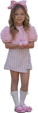 Mia Belle Girls Girls  Bunny Puff Sleeve Top and Tweed Skort Set