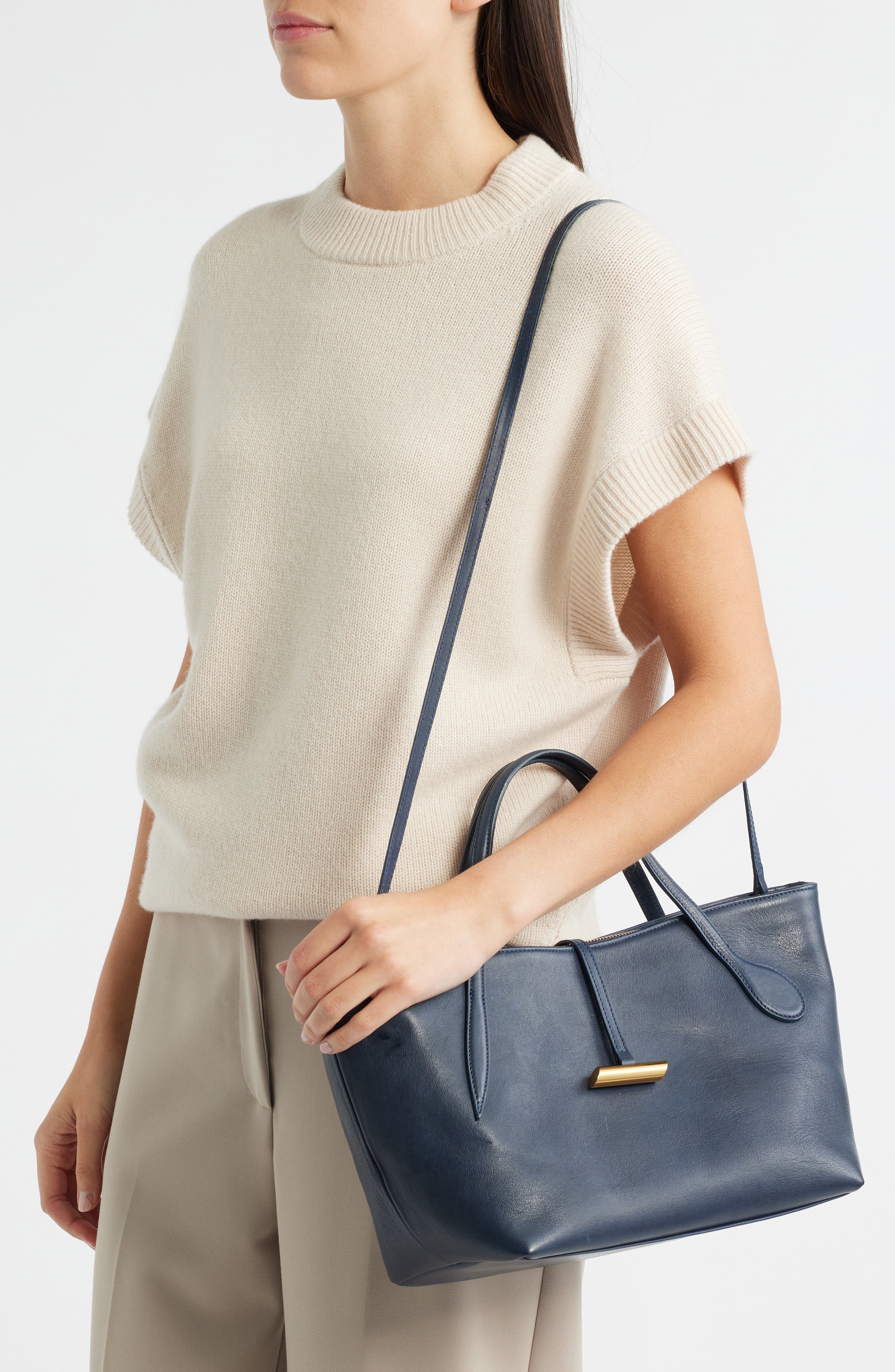 LIFFNER Petite Penne Leather Tote, Alternate, color, Navy