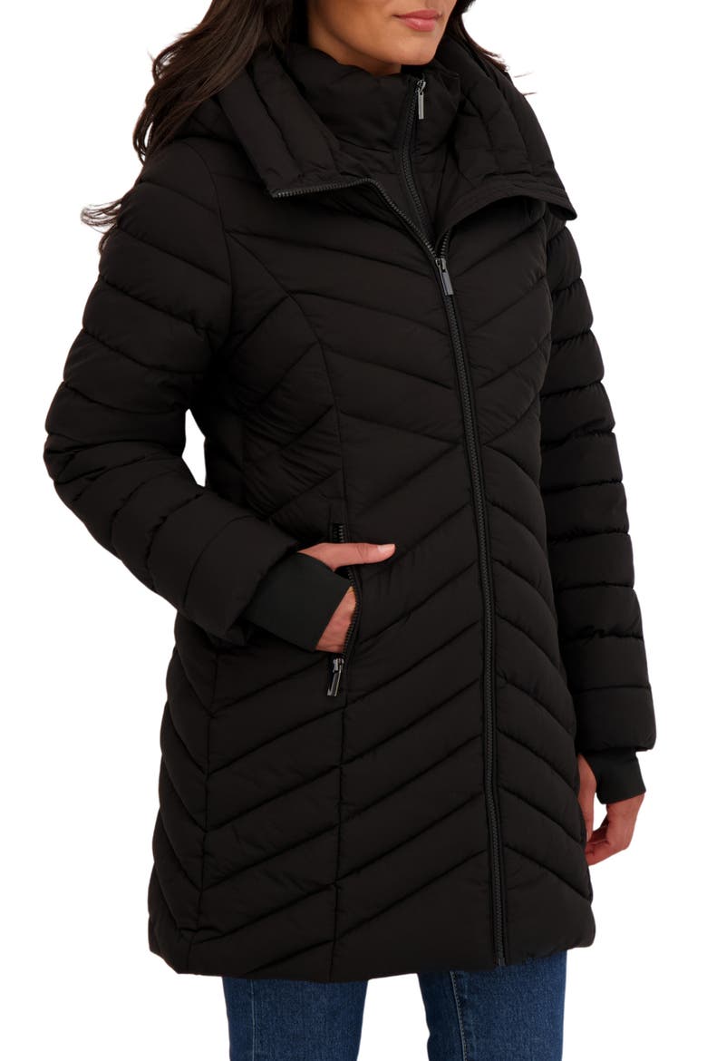 Water Resistant Stretch Chevron Quilted Jacket with Bib, Alternate, color, BLACK