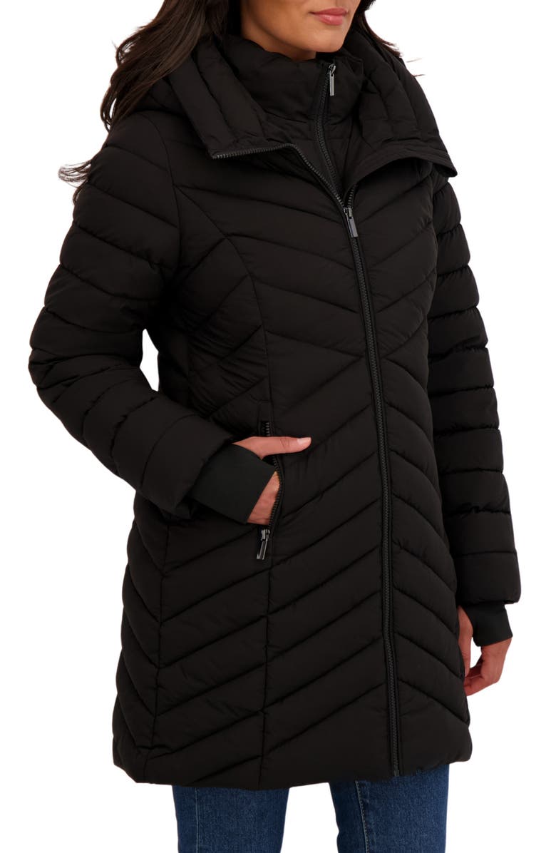 Sebby Water Resistant Stretch Chevron Quilted Jacket with Bib, Alternate, color, Black