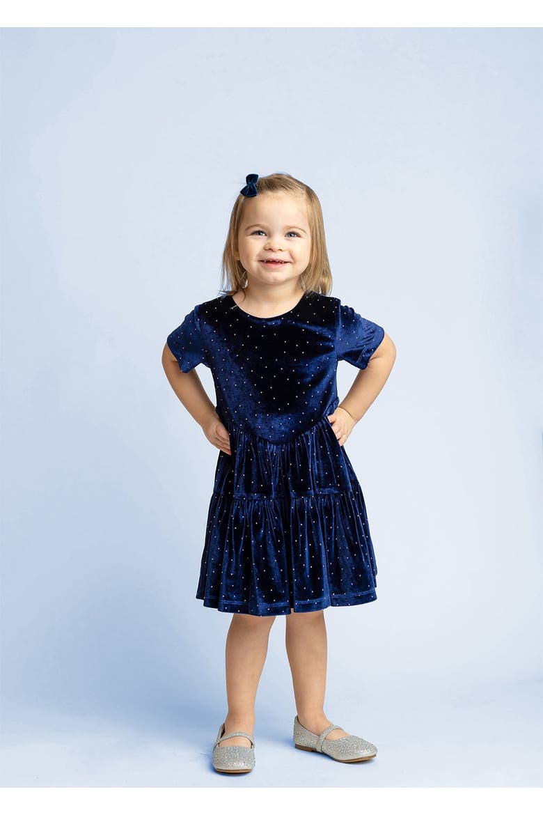 Velvet Dreams Short Sleeve Polka Dot Tiered Skirt Dress, Main, color, Navy