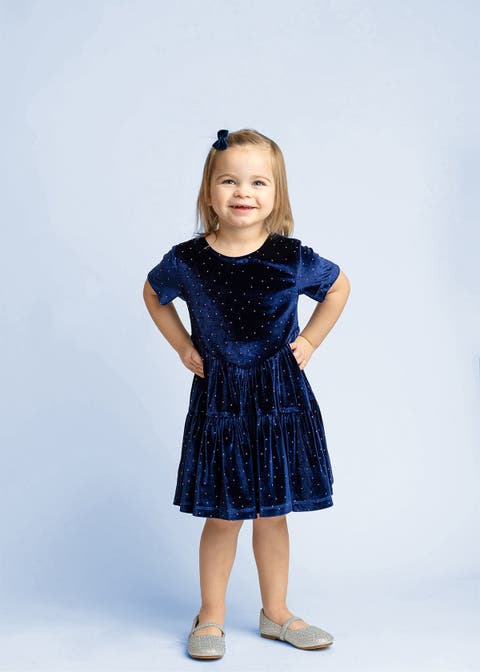 Velvet Dreams Short Sleeve Polka Dot Tiered Skirt Dress