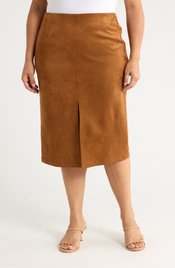 Gemma + Jane Faux Suede Slim Midi Skirt In Brown