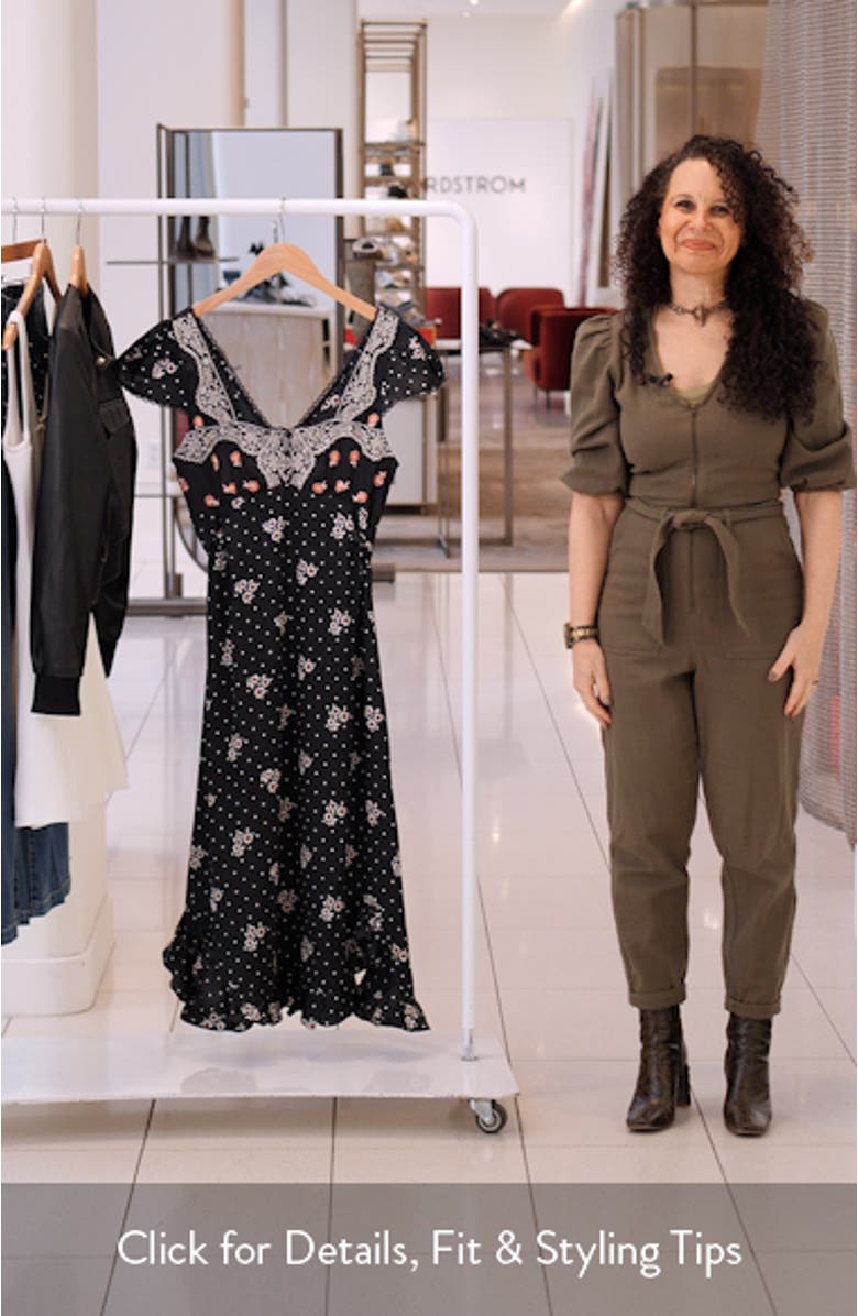 Haven Embroidered Lace Trim Satin Midi Dress, sales video thumbnail