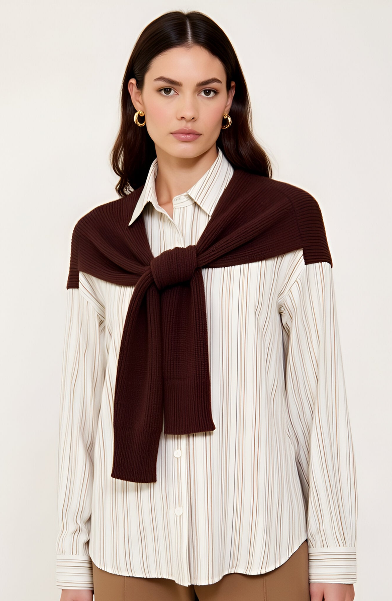 Modenaire Striped Button-Up Twofer Shirt with Attached Sweater Detail, Main, color, 