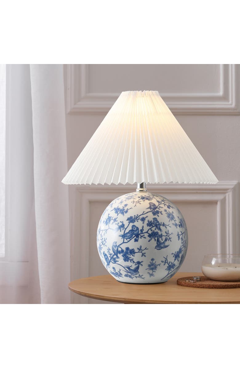 JONATHAN Y Shishen Cottage Classic Chinoiserie Ceramic Orb LED Table Lamp with Pleated Shade, Alternate, color, White/Blue