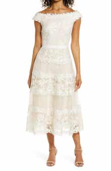 Tadashi Shoji Embroidered Off the Shoulder Midi Dress