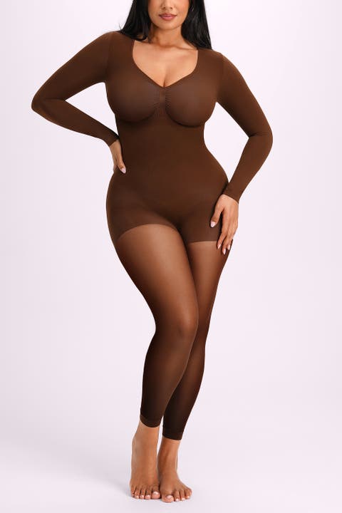 Full Coverage Long Sleeve Sheer Tights Tummy Smoothing Sculpting Bodysuit