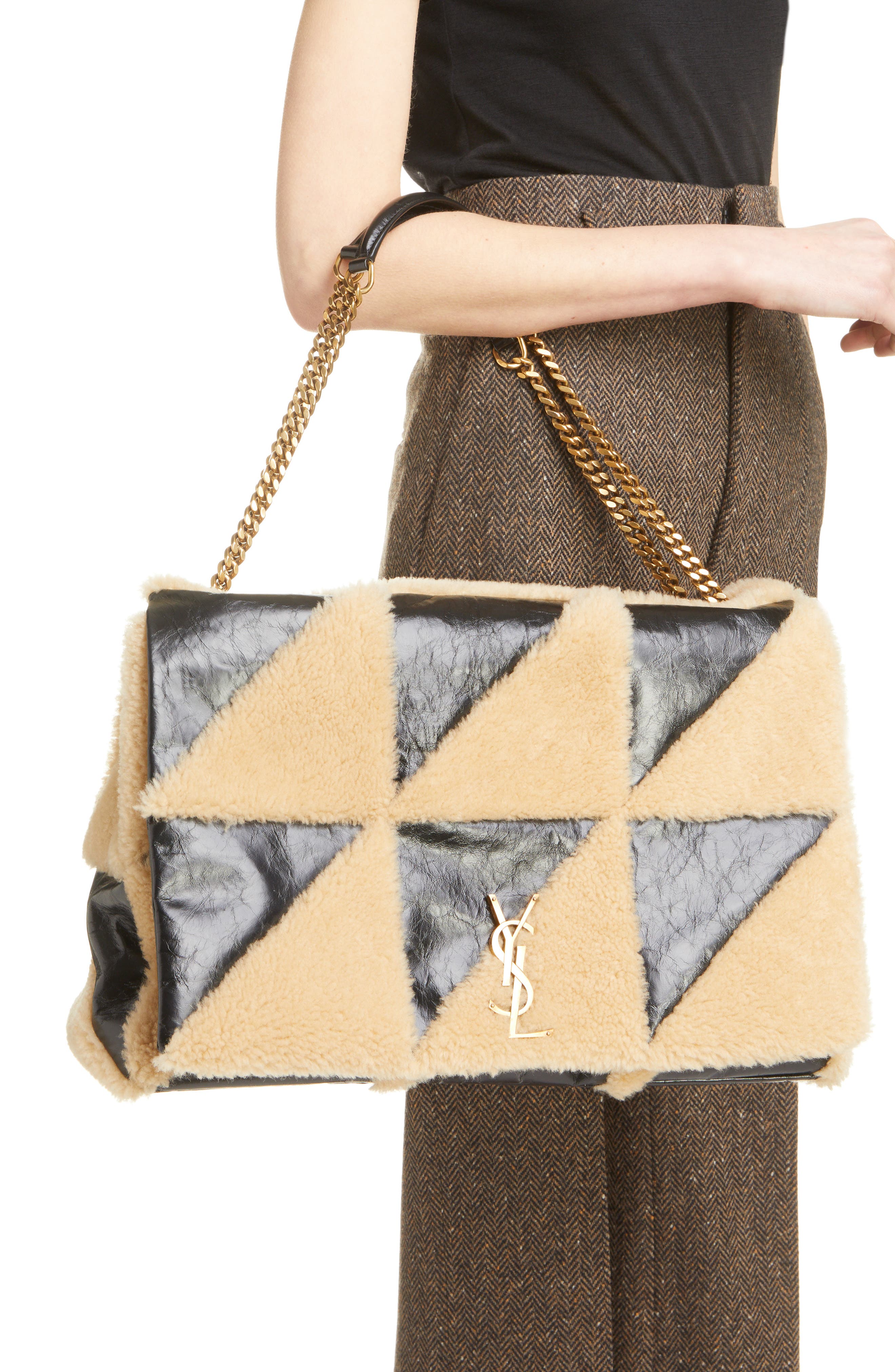 Giant Jamie Genuine Shearling Shoulder Bag, Alternate, color, 9597 NAT.BEIG/ NERO/ NERO