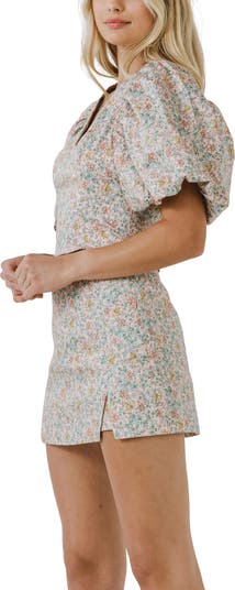 Floral Print Puff Sleeve Crop Top