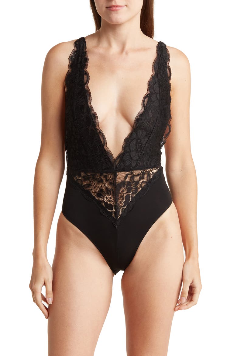 Plunge Neck Lace Bodysuit, Main, color, BLACK
