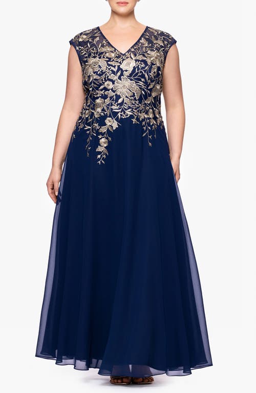 Betsy & Adam Plus Size Metallic-embroidered A-line Gown In Blue