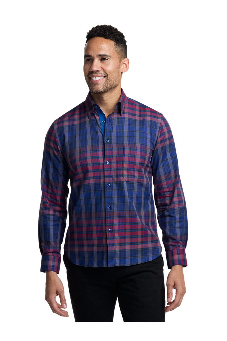 Cotton Plaid Point Collar Casual Shirt, Alternate, color, Blue/Burgundy