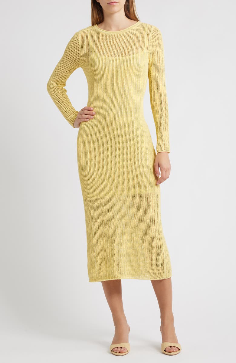 WAYF Sunny Open Stitch Long Sleeve Sweater Dress, Main, color, Golden Yellow