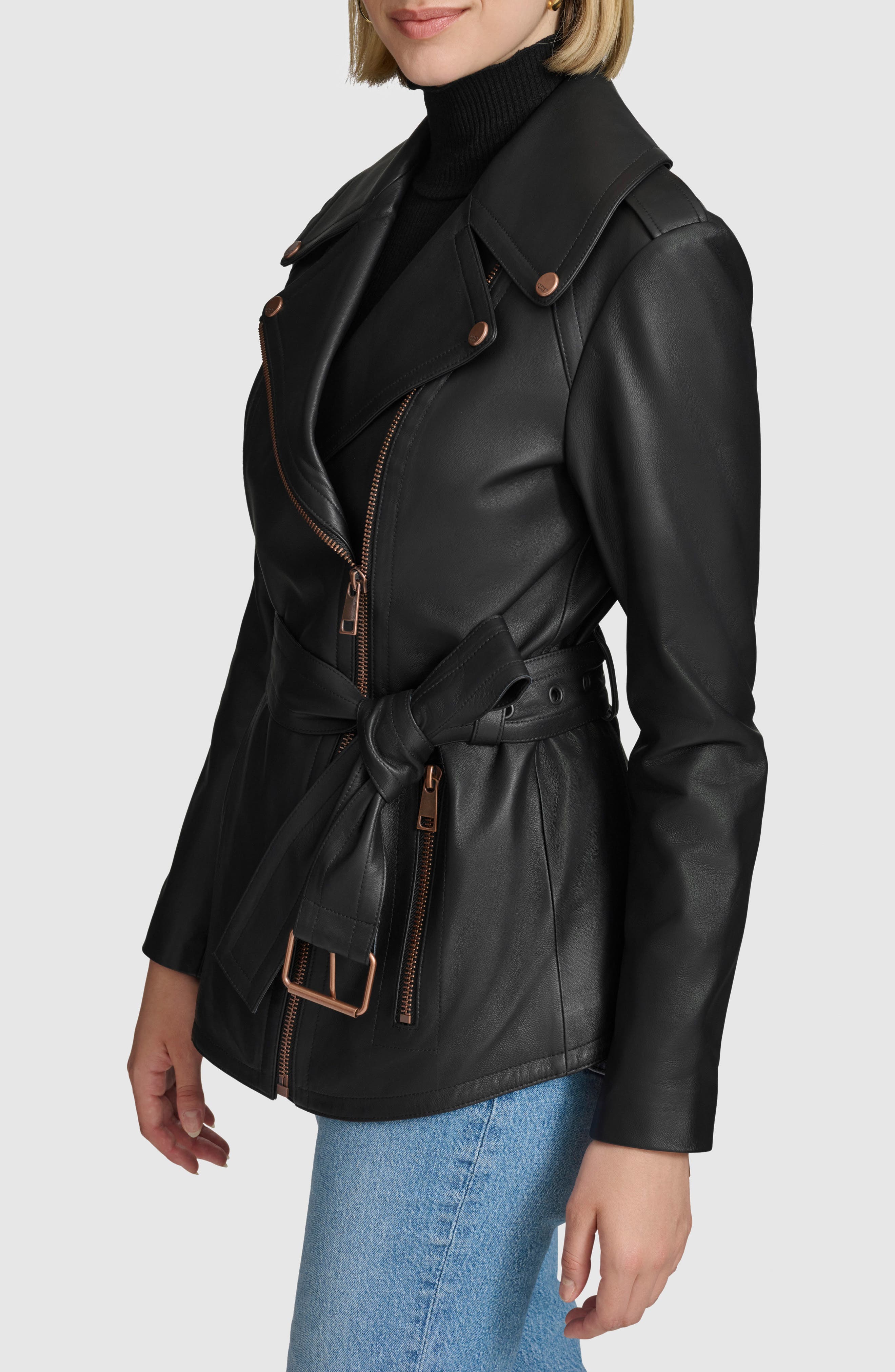 Andrew Marc Delphine Belted Leather Moto Jacket (Women) | Nordstrom