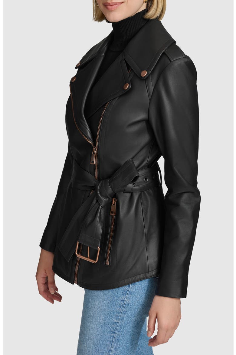 Delphine Belted Leather Jacket, Alternate, color, BLACK