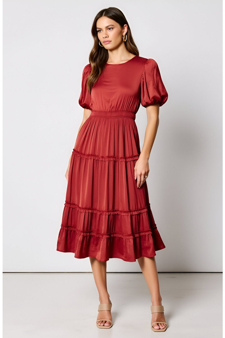 Tiered Puff-Sleeve Shirred Elastic-Waistband Midi Dress, Main, color, Rust Red