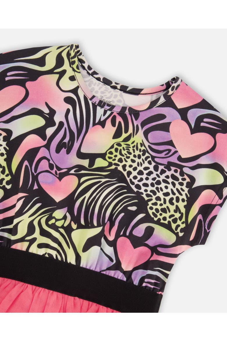 Short Sleeve Bi-Material Animal and Heart Dress, Alternate, color, Black with Multicolored Print
