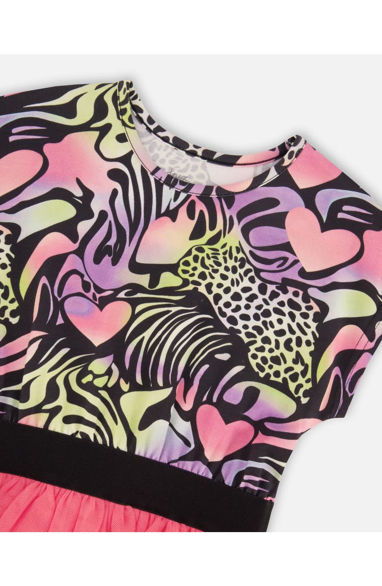 Deux par Deux Short Sleeve Bi-Material Animal and Heart Dress, Alternate, color, Black With Multicolored Print