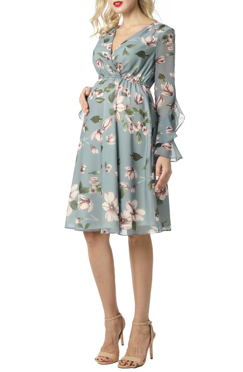 Kimi and Kai Floral Print Long Sleeve Chiffon Maternity Dress, Main, color, 
