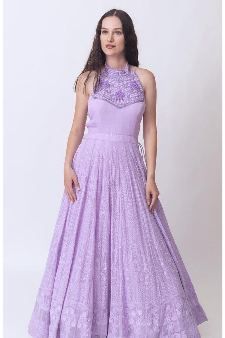 Maisa Embroidered High Neck Gown, Alternate, color, Lilac