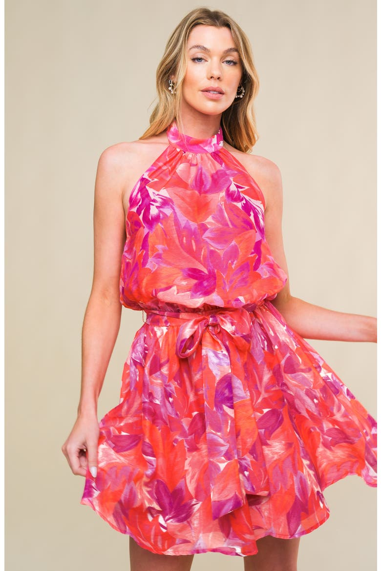 Floral Print Halter Minidress, Alternate, color, FUCHSIA