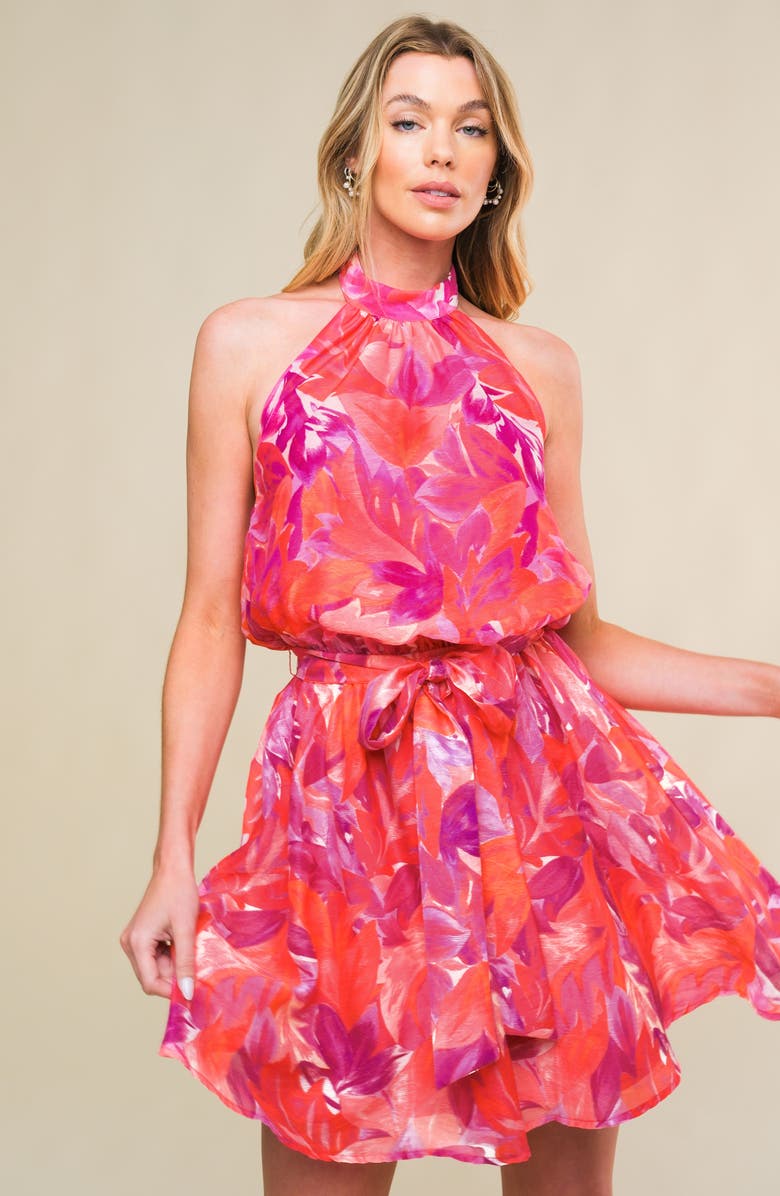 FLYING TOMATO Floral Print Halter Minidress, Alternate, color, Fuchsia