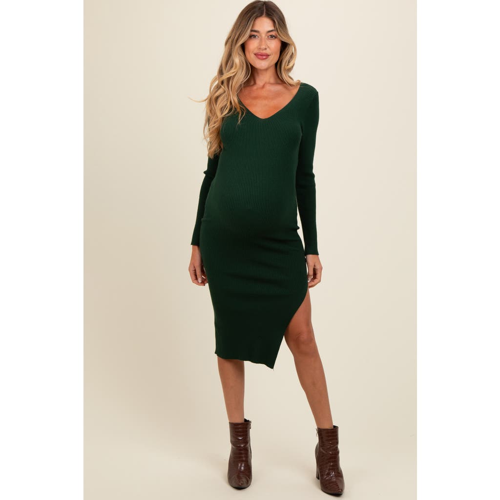 Pinkblush Ribbed Knit Side Slit Midi Dress In Green