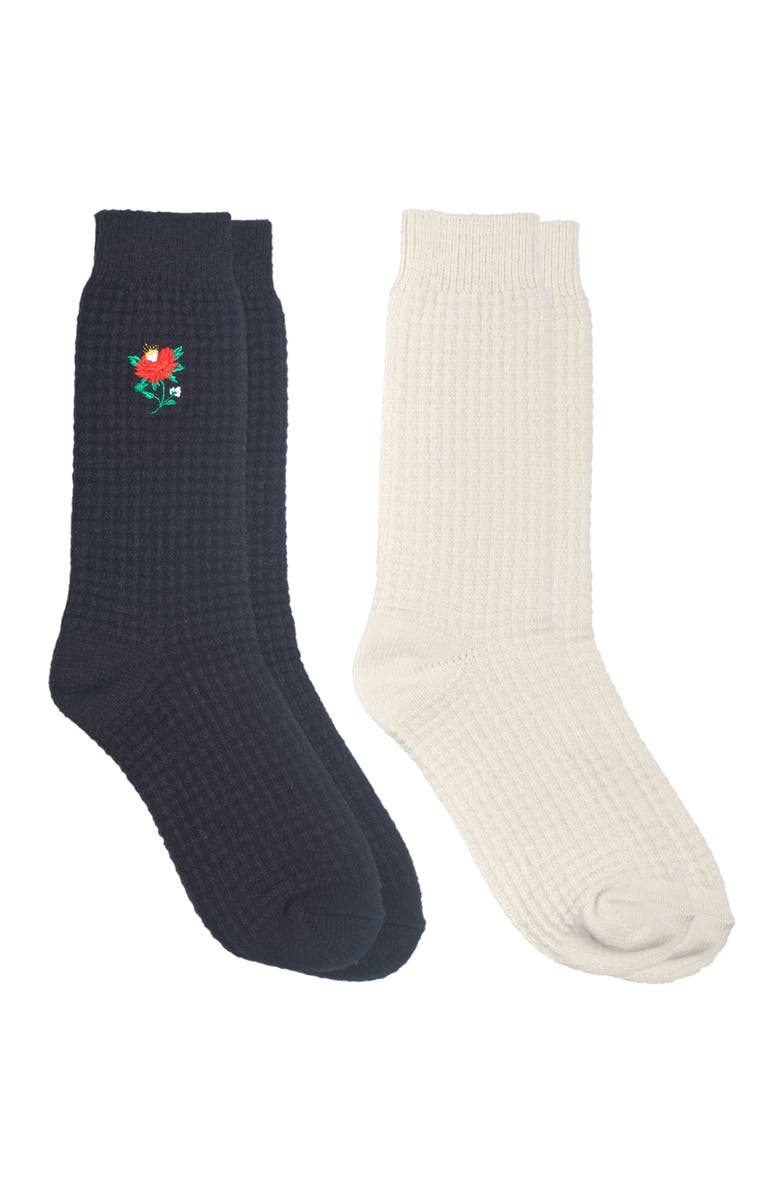 Ed Hardy Womens Rose Embroidery Waffle Knit Slouchy Sock 2-Pack, Alternate, color, Black/Cream