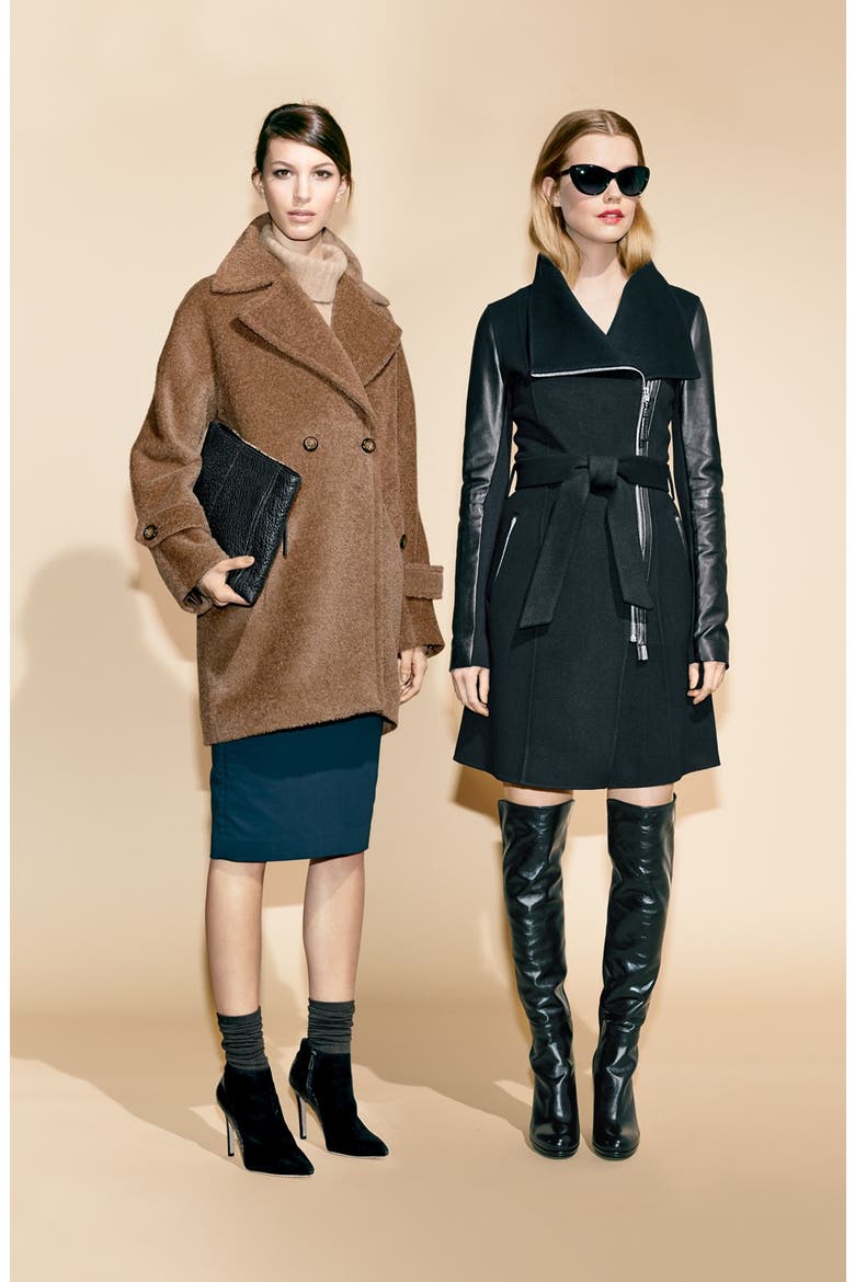'Hemy' Leather Sleeve Asymmetrical Long Coat, Alternate, color, BLACK