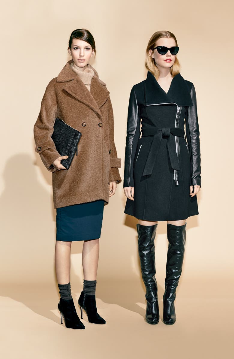 Mackage 'Hemy' Leather Sleeve Asymmetrical Long Coat, Alternate, color, 