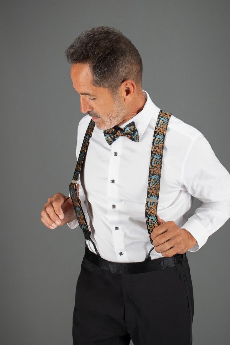 Birds of Prosperity Silk Button End Suspenders (Braces) and Bow Tie Set, Alternate, color, Black