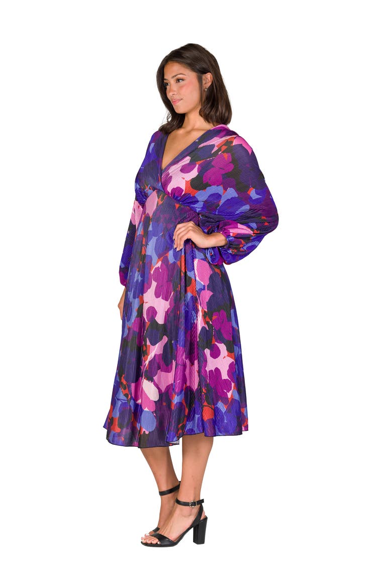 Pleated V Neck Empire Waist Midi Dress, Alternate, color, Magenta Multi