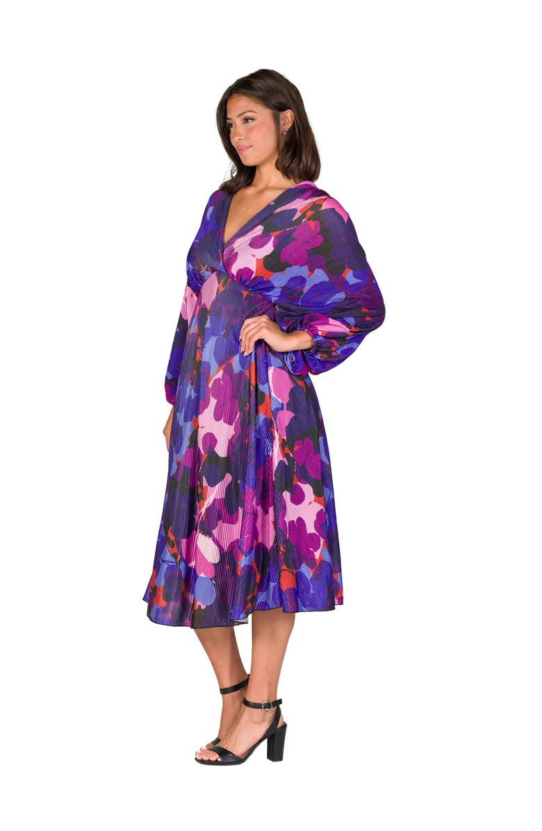24seven Comfort Apparel Pleated V Neck Empire Waist Midi Dress, Alternate, color, Magenta Multi