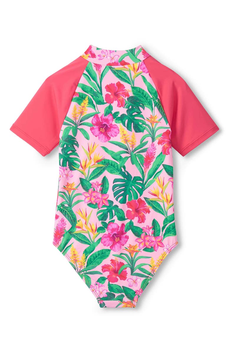 Hatley Kids' Tropical Floral Raglan Sleeve One-Piece Swimsuit, Alternate, color, Candy Pink