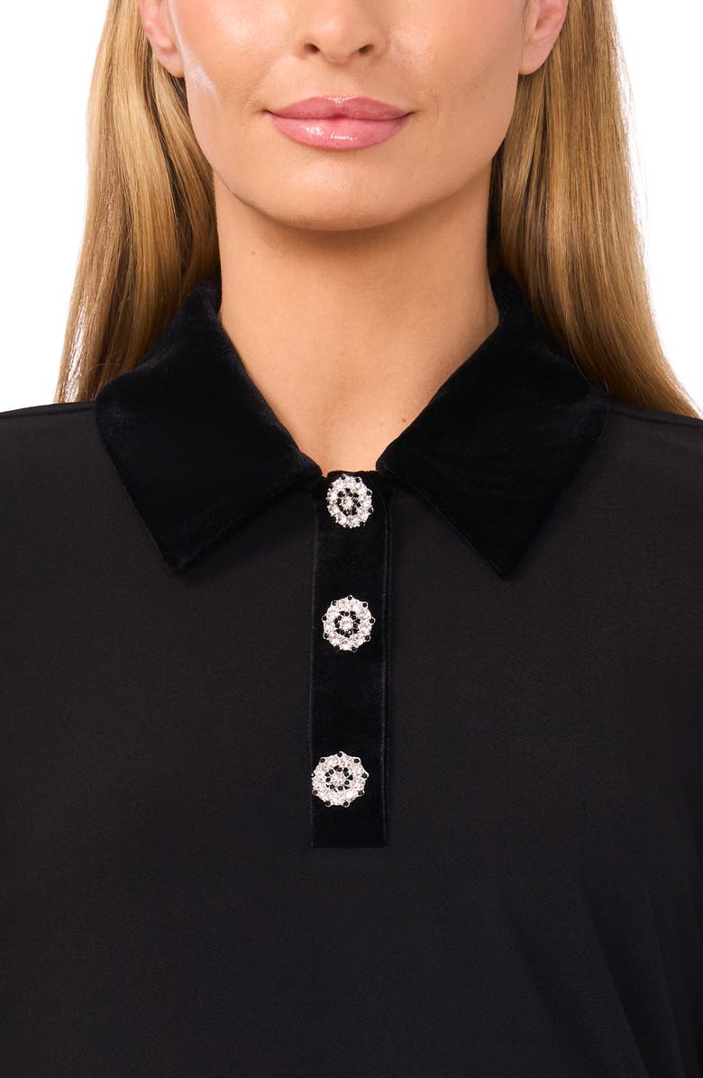 CeCe Velvet Rhinestone Polo Top, Alternate, color, Rich Black
