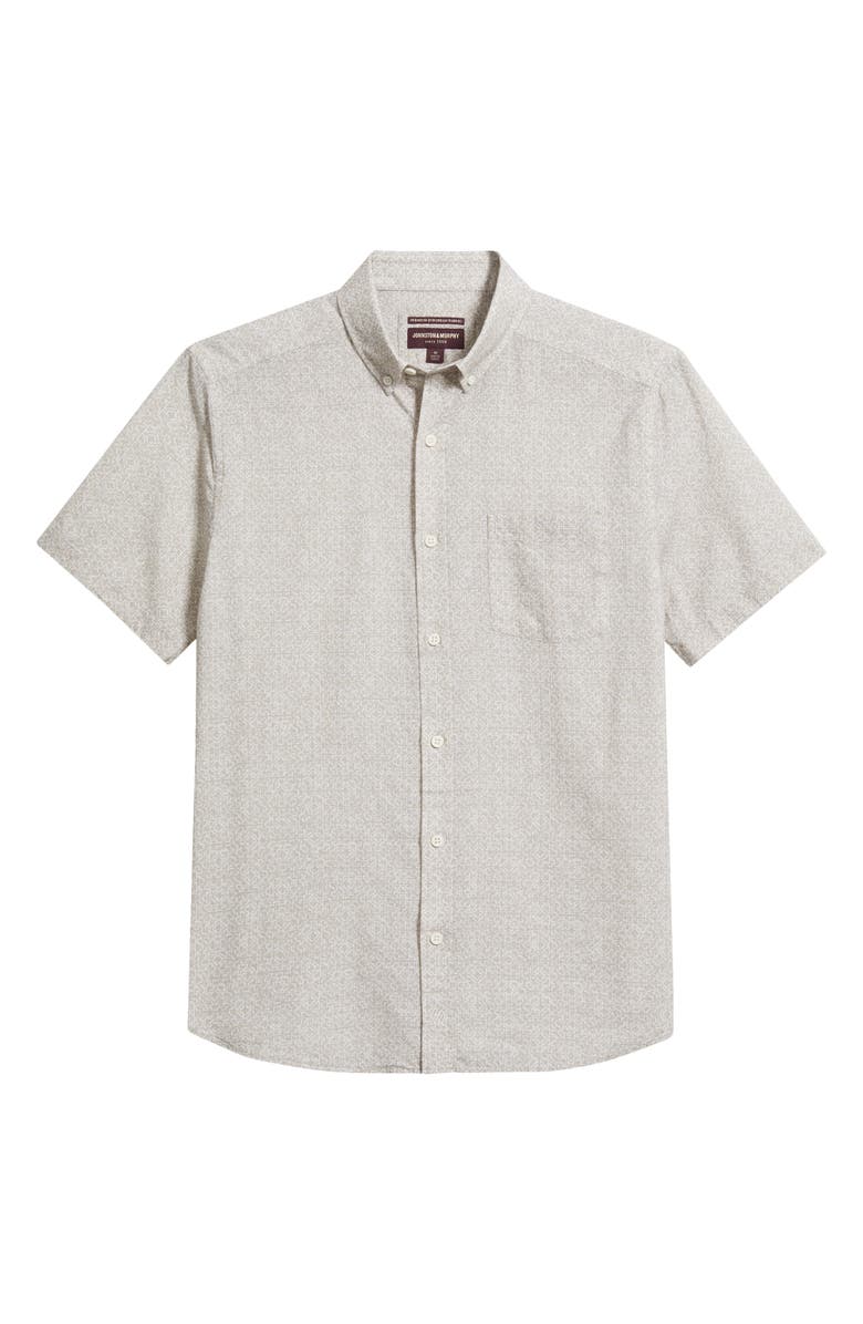 Johnston & Murphy Hampton Geo Print Short Sleeve Stretch Cotton Button-Down Shirt, Main, color, Tan Desert Tile