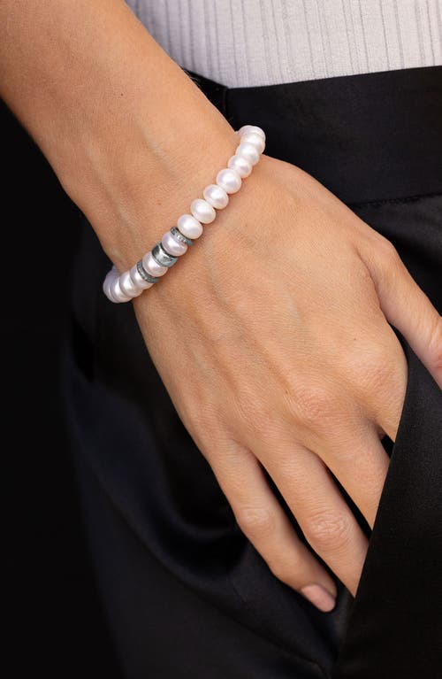 Sheryl Lowe Pearl 8mm Bead Bracelet With Diamond And Smooth Rondelles In Silver