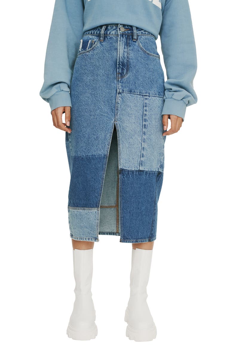 Midi Patch Denim Skirt, Main, color, MED BLUE WASH