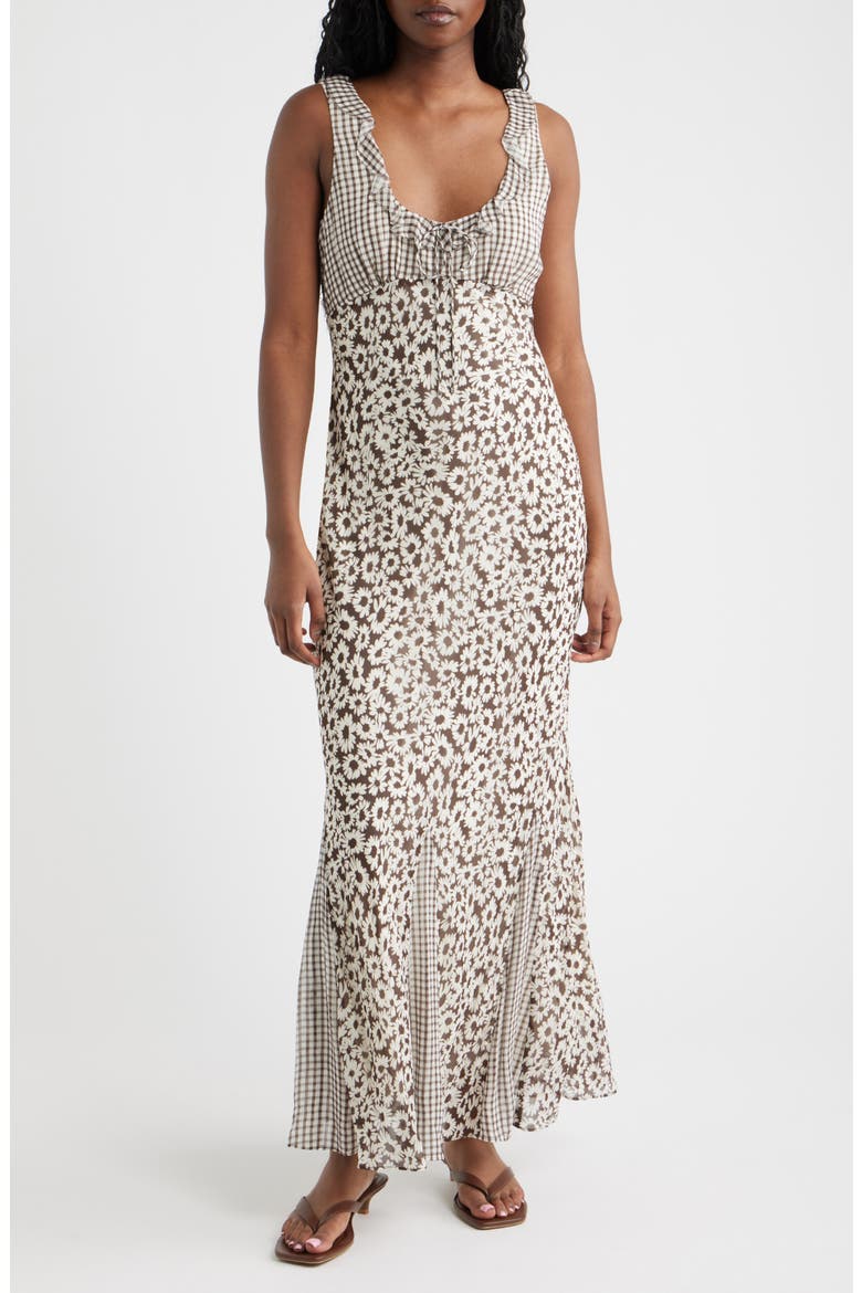 Dahlia Mixed Print Maxi Dress, Main, color, ESPRESSO DAISY GINGHAM MIX