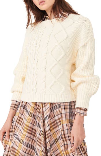 Free People Dream Cable Crewneck Sweater In White