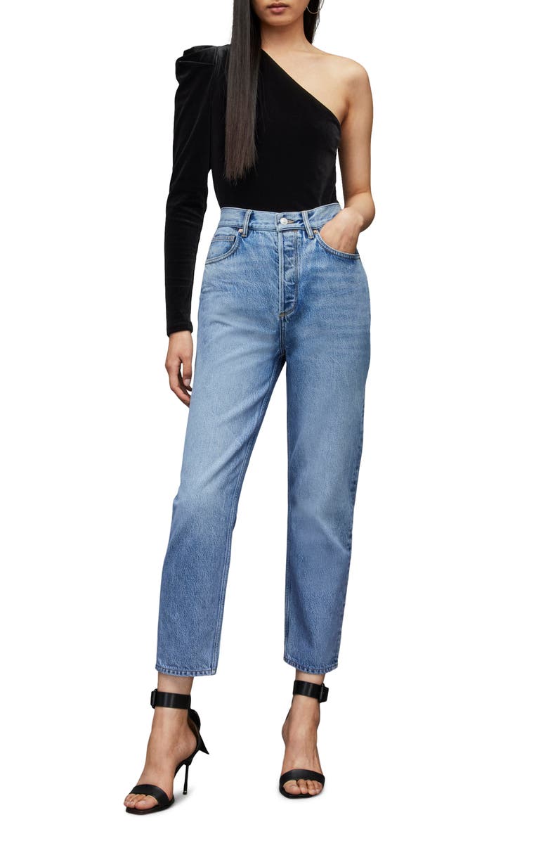 AllSaints Daphne One-Shoulder Velvet Bodysuit, Alternate, color,