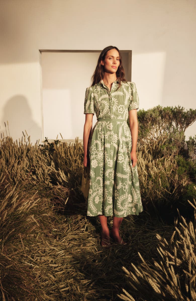 Ted Baker Camile Embroidered Tie Waist Midi Shirtdress, Alternate, color, Shale Green