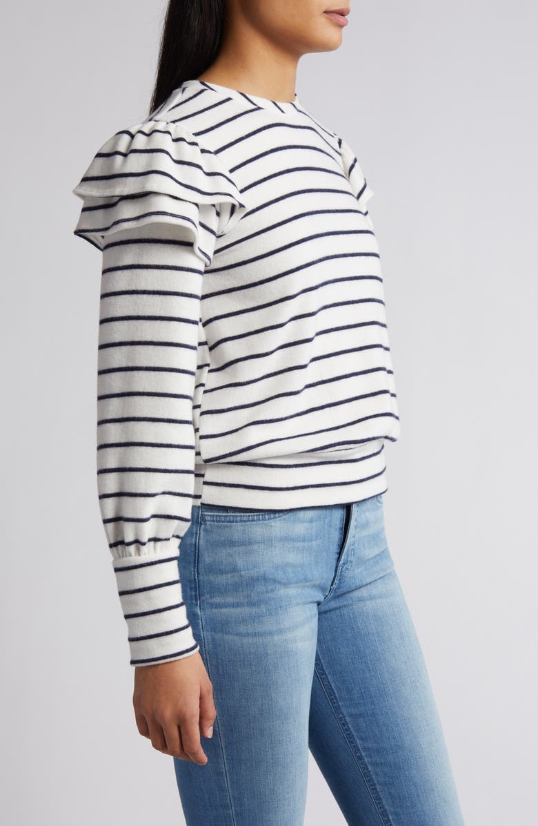 Caslon<sup>®</sup> Stripe Ruffle Shoulder Sweatshirt Top, Alternate, color, Ivory Cloud-Navy Bailey Stripe