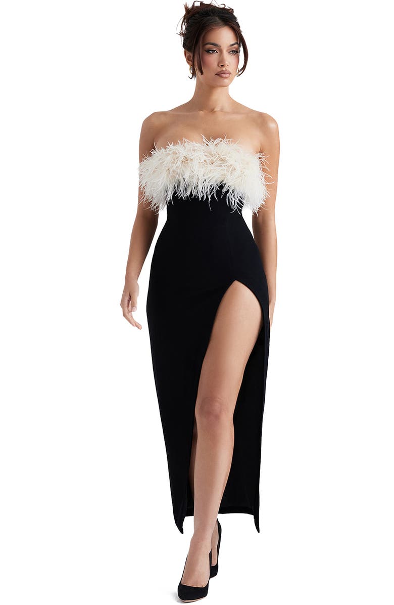 HOUSE OF CB Sarai Feather Trim Stretch Crepe Cocktail Dress, Alternate, color, Black